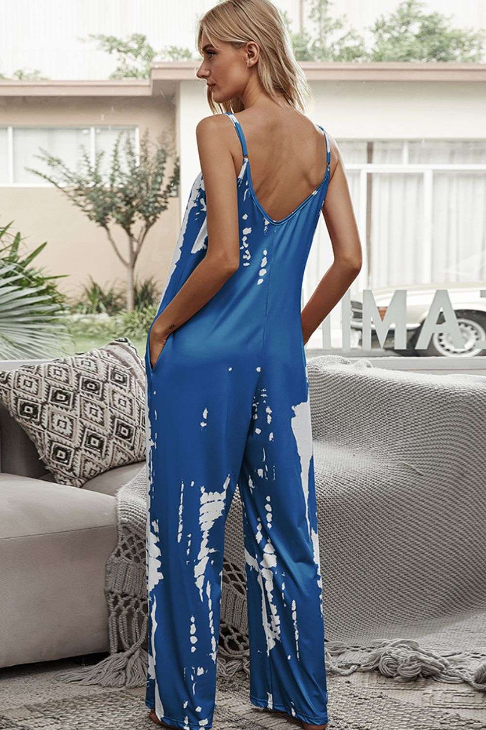 Shiny Tie-Dye Spaghetti Strap Jumpsuit with Pockets WESTCLOSET
