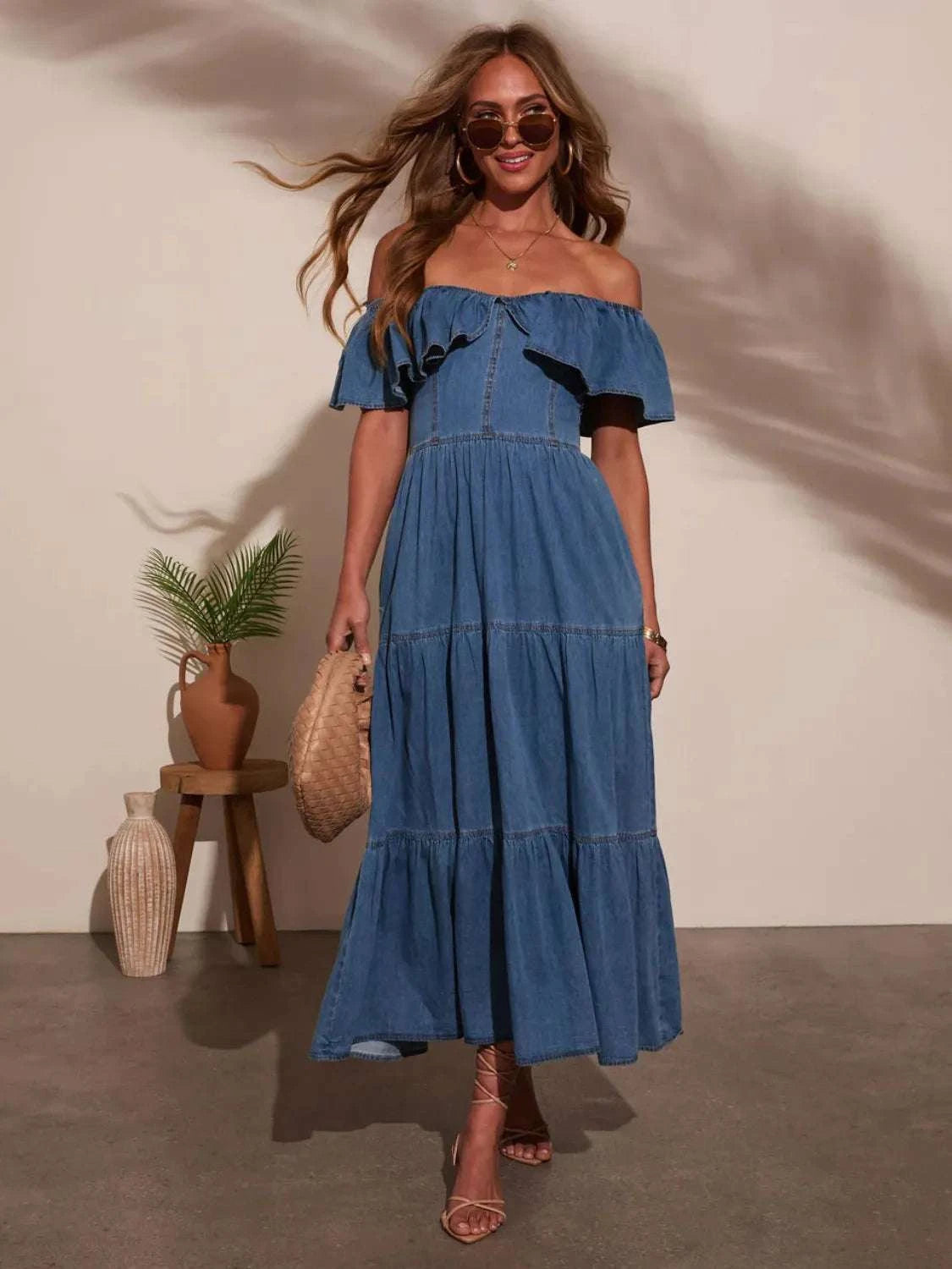 Off Shoulder Ruffle Tiered Denim Dress WESTCLOSET