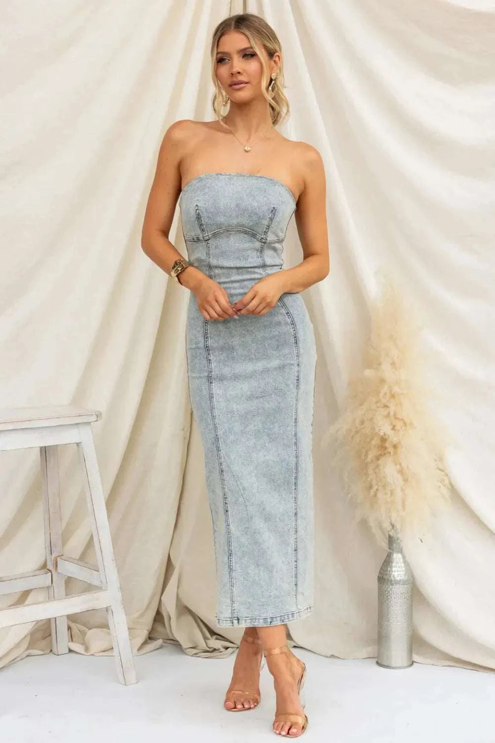 Washed Slit Back Tube Denim Dress WESTCLOSET