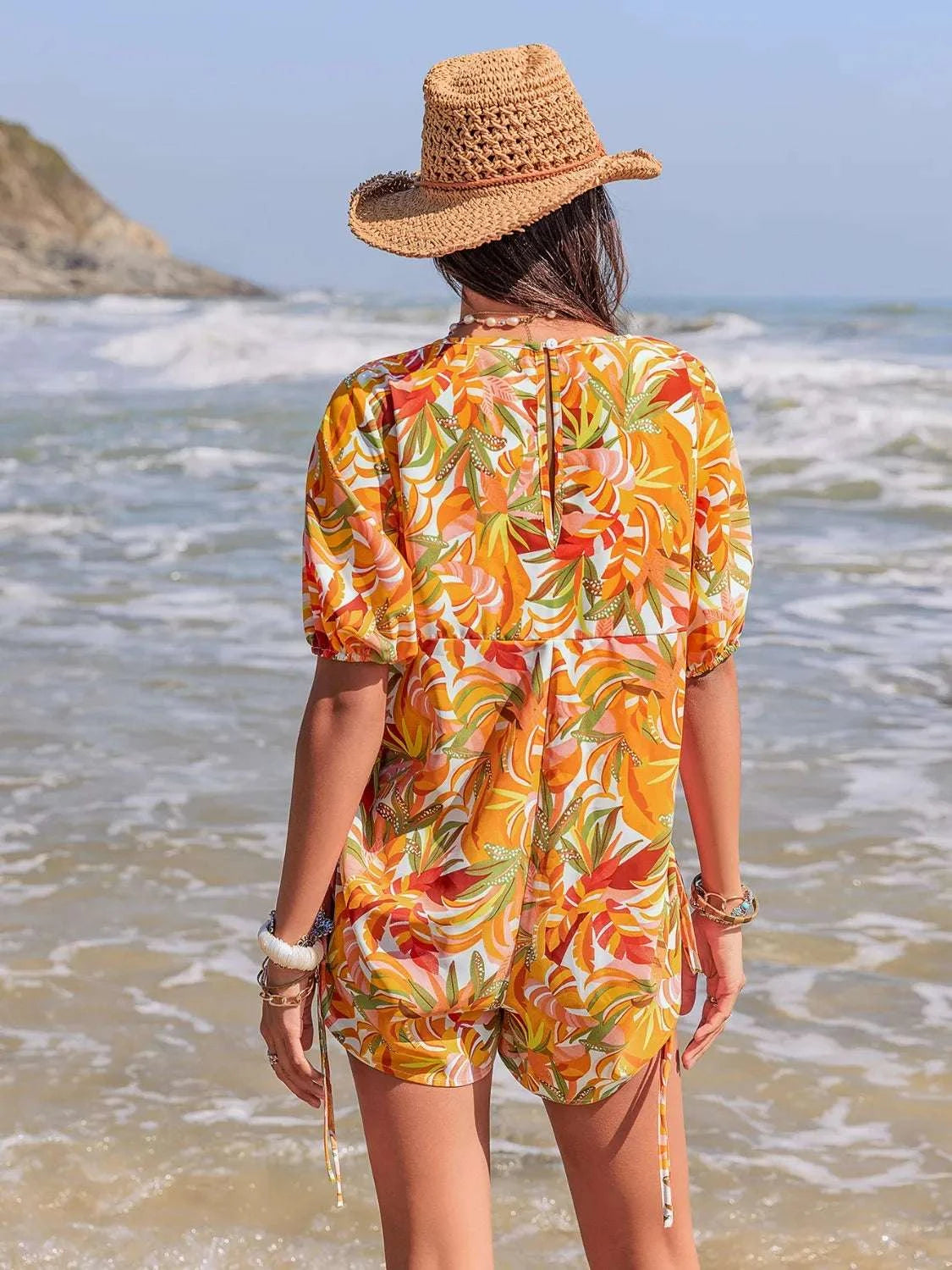 Smocked Printed Tie Neck Romper WESTCLOSET