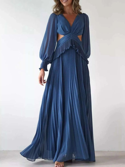 Backless Pleated Long Sleeve Maxi Dress WESTCLOSET