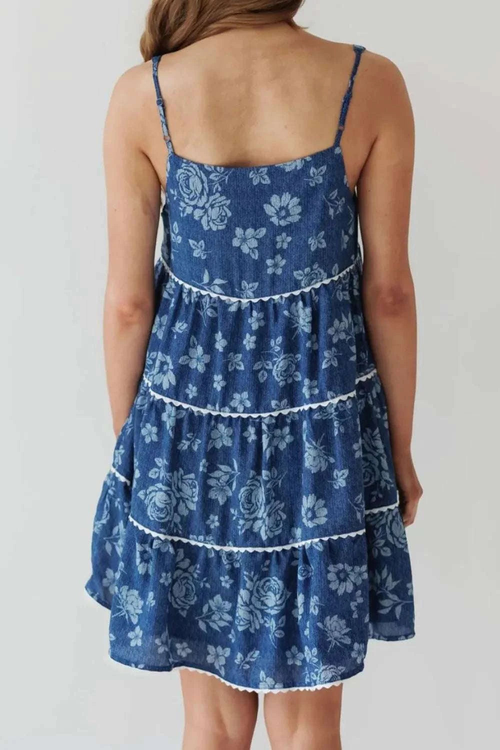 Floral Tiered Square Neck Denim Dress WESTCLOSET