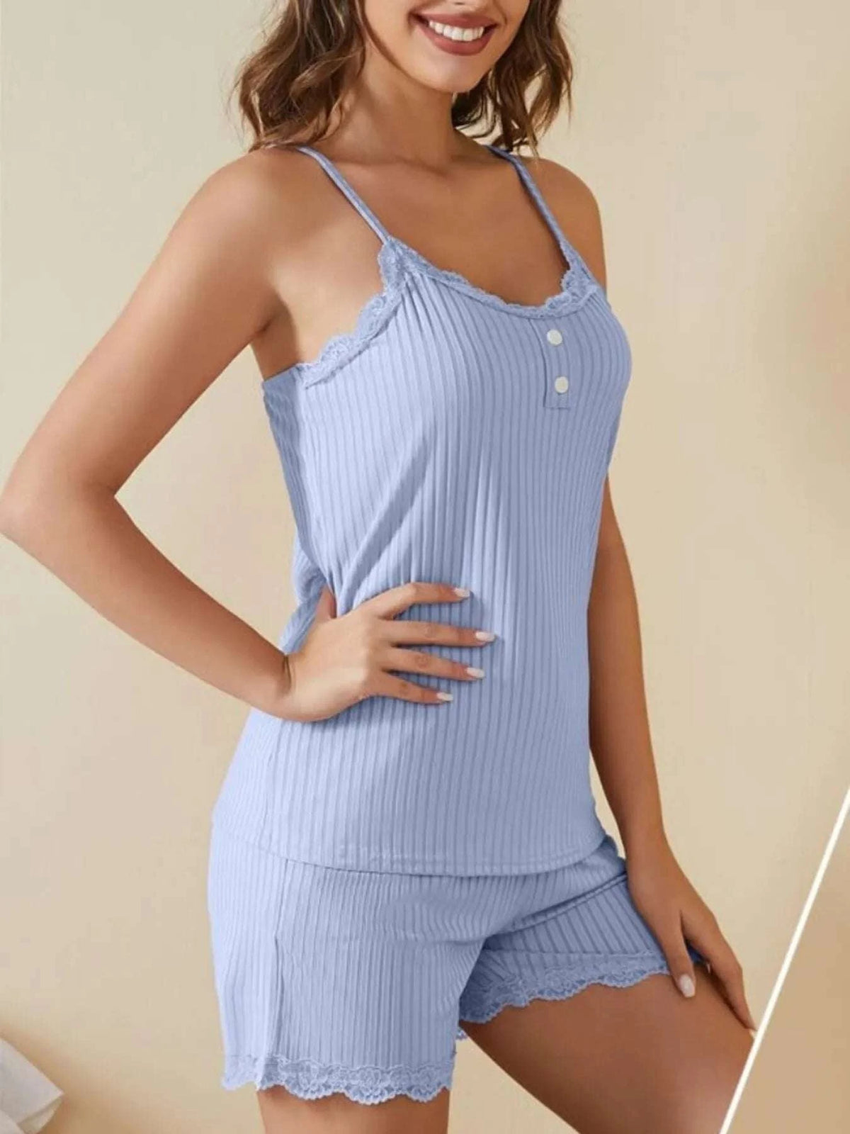 Lace-Trimmed Ribbed Cami and Shorts Lounge Set WESTCLOSET