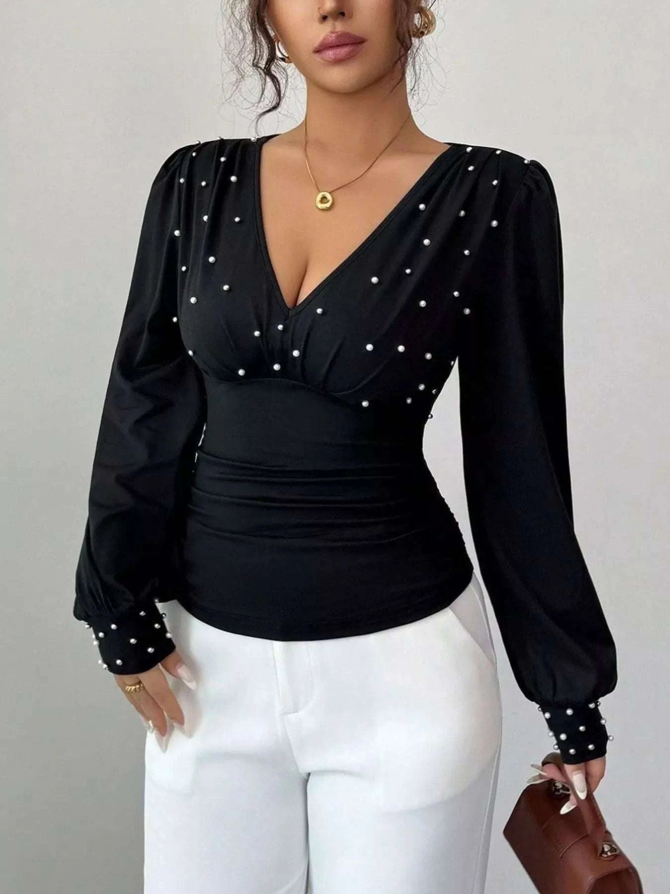 Pearl Embellished V-Neck Blouse WESTCLOSET
