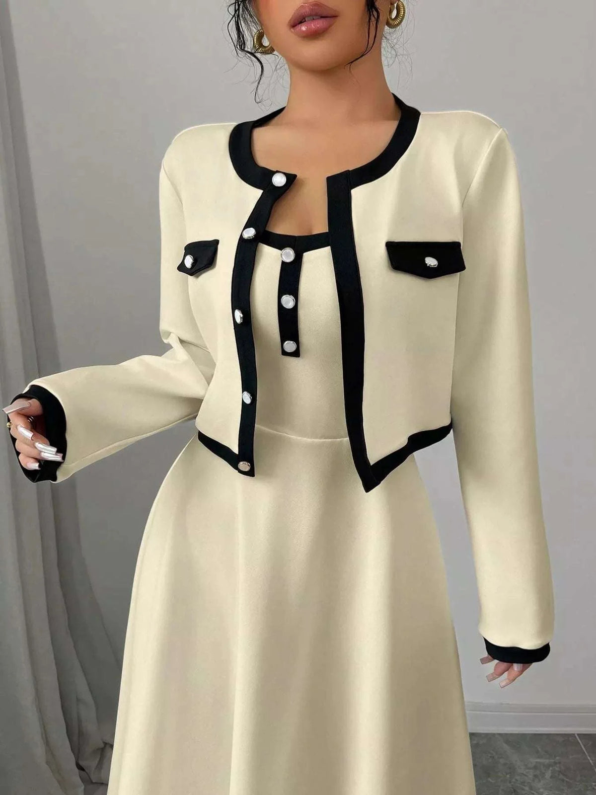 Contrast Trim Maxi Dress and Cropped Cardigan Set WESTCLOSET