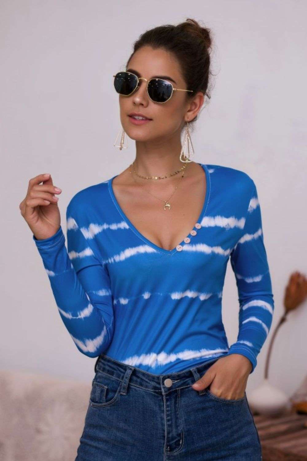 Tie-Dye Plunge Long Sleeve Top WESTCLOSET