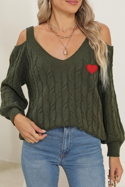 WestCloset Cable-Knit Heart V-Neck Sweater 
