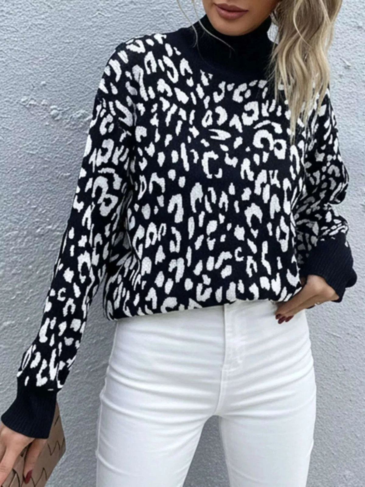 Leopard High Neck Pullover Sweater WESTCLOSET