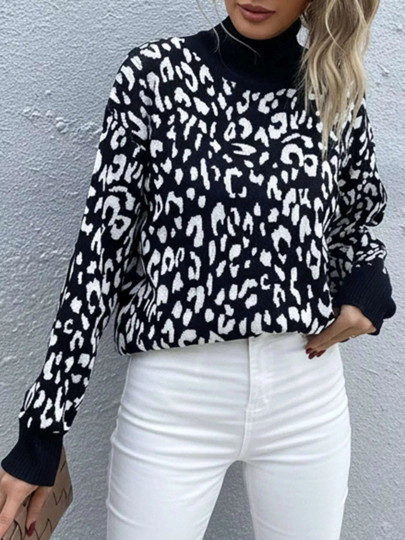 Leopard High Neck Pullover Sweater WESTCLOSET