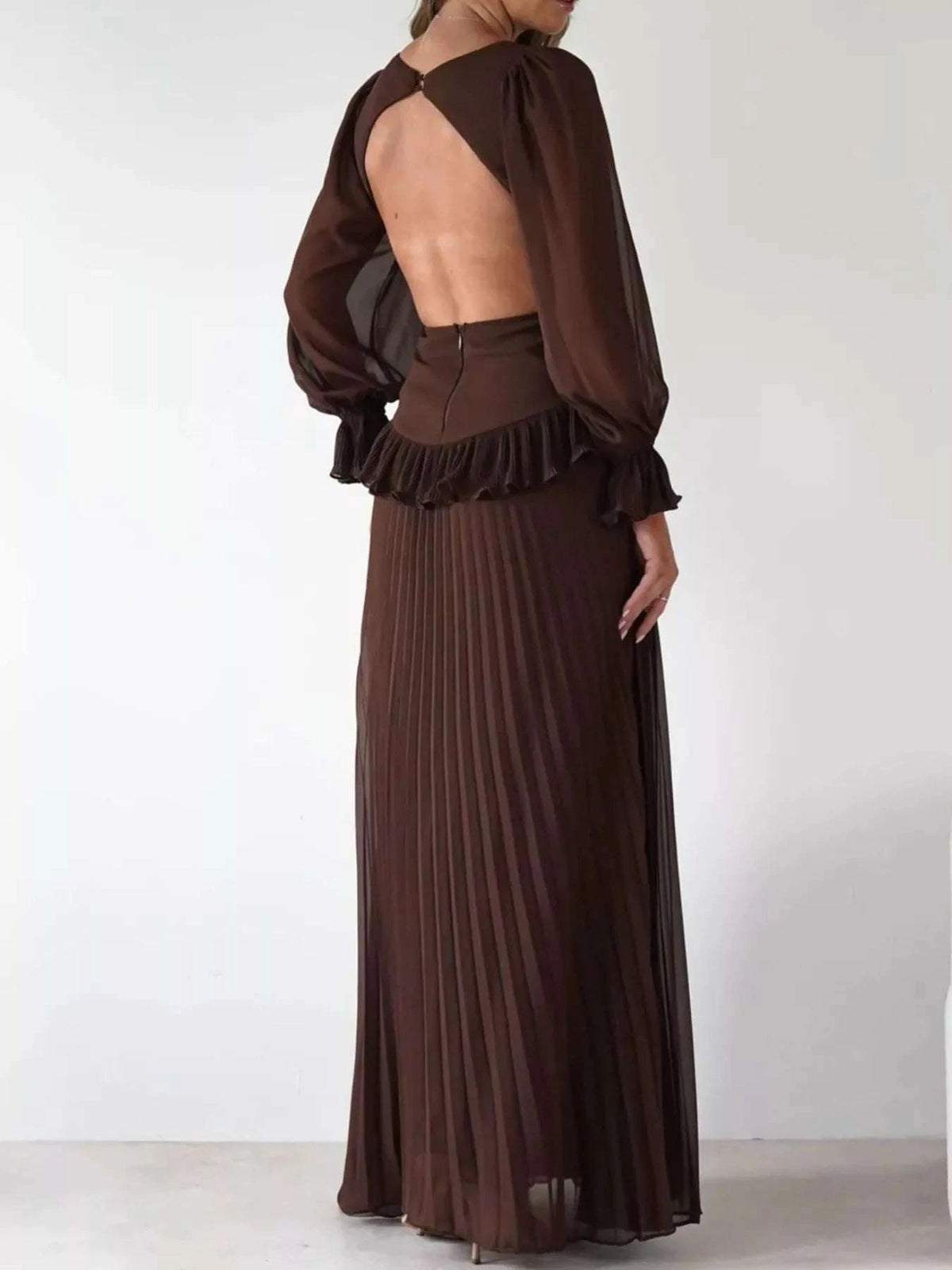 Backless Pleated Long Sleeve Maxi Dress WESTCLOSET
