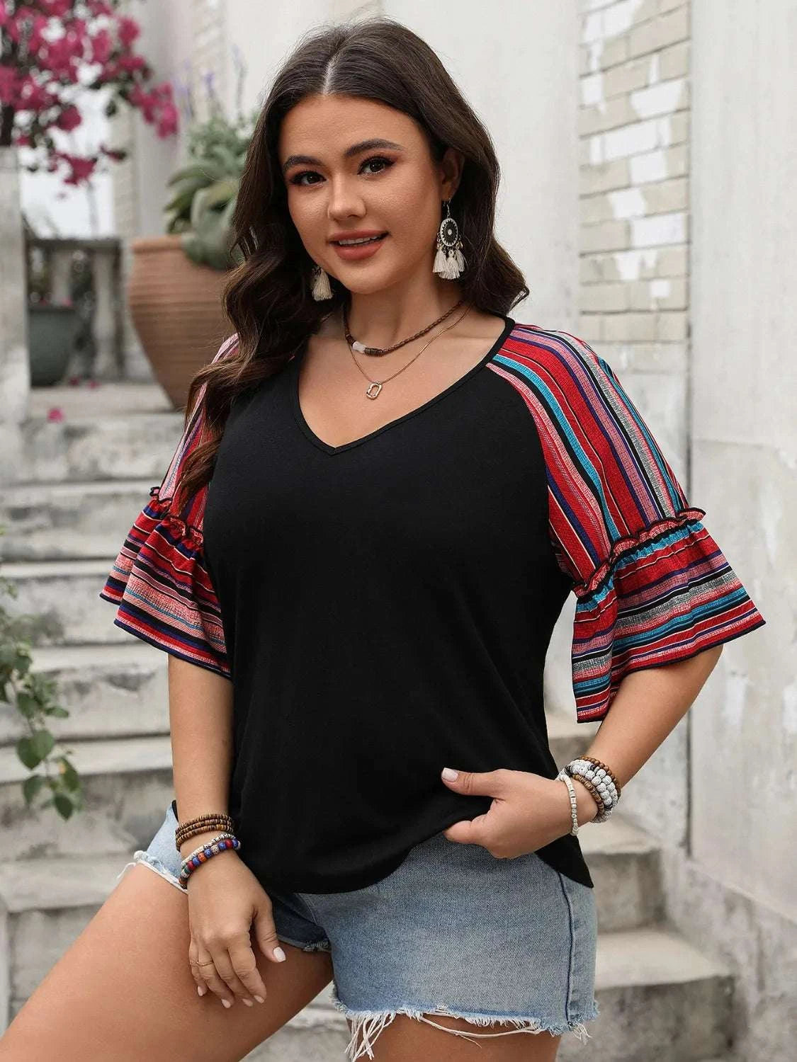 Plus Size V-Neck Flounce Sleeve Top WESTCLOSET