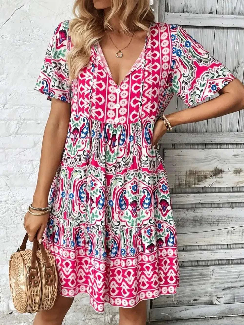 Printed Tie Neck Short Sleeve Dress WESTCLOSET