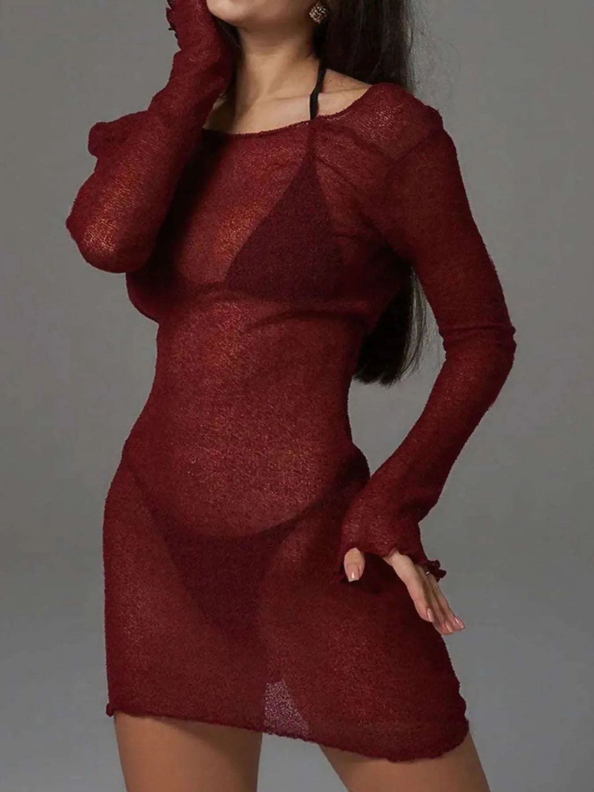 Sheer Backless Long Sleeve Mini Cover-Up Dress WESTCLOSET