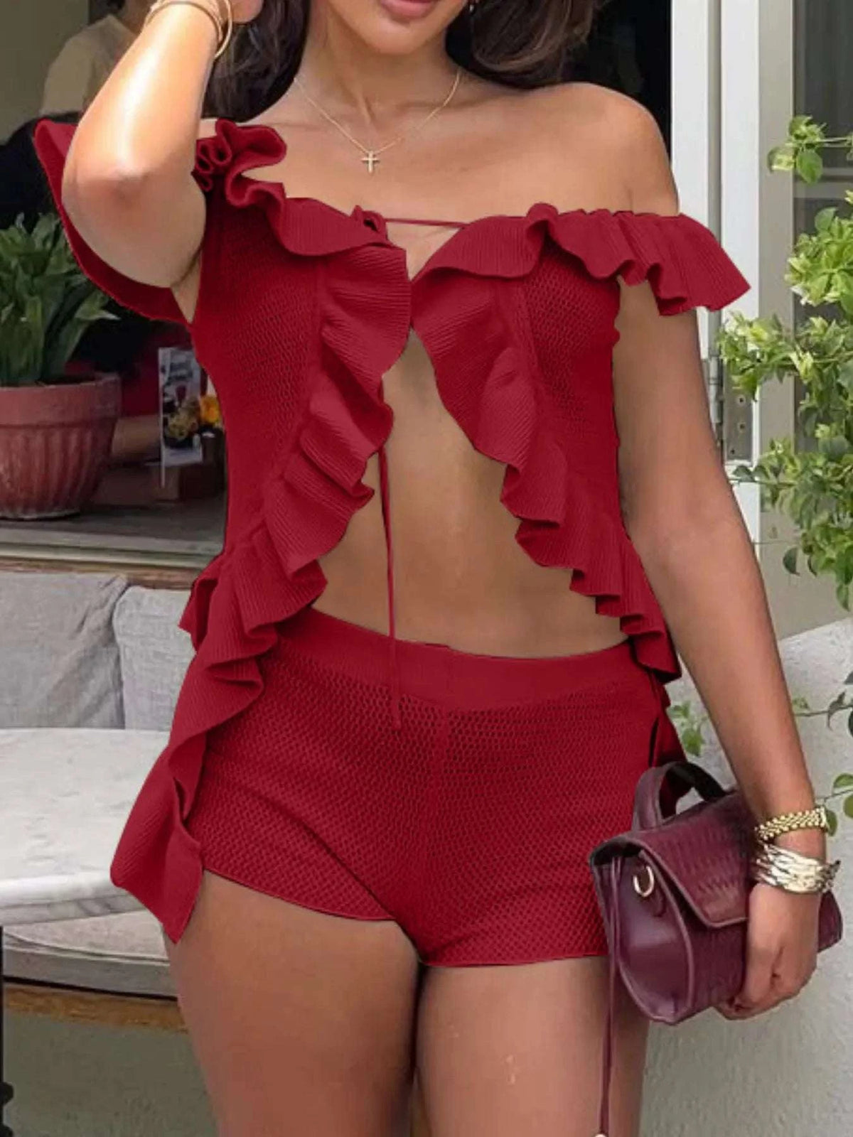 Off-Shoulder Ruffle Top and Shorts Sweater Set WESTCLOSET