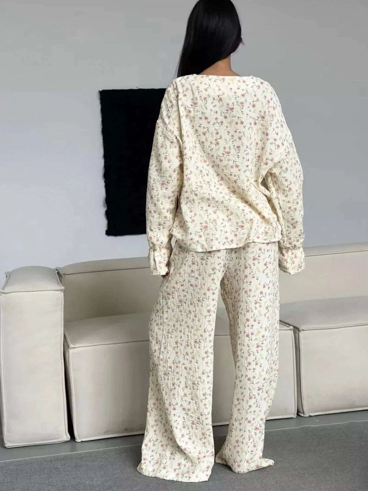 Floral Print Button-Down Top and Pants Lounge Set WESTCLOSET