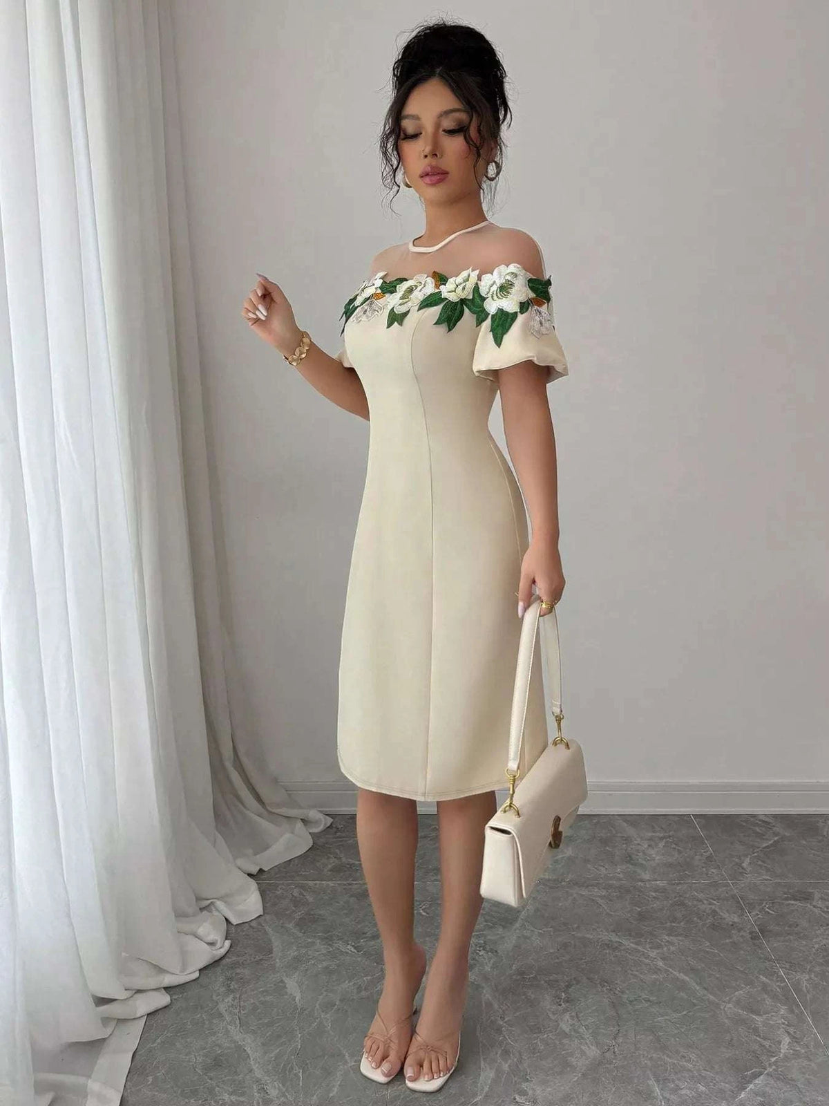 Floral Embroidered Puff Sleeve Dress with Mesh Shoulder WESTCLOSET