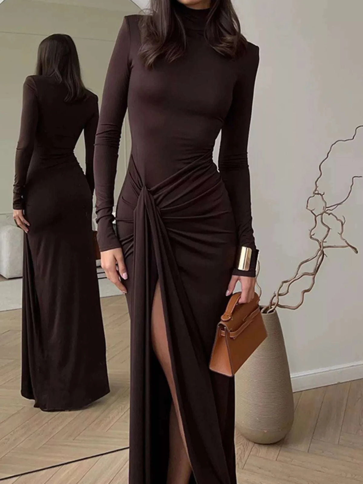 Turtleneck Long Sleeve Slit Maxi Dress WESTCLOSET