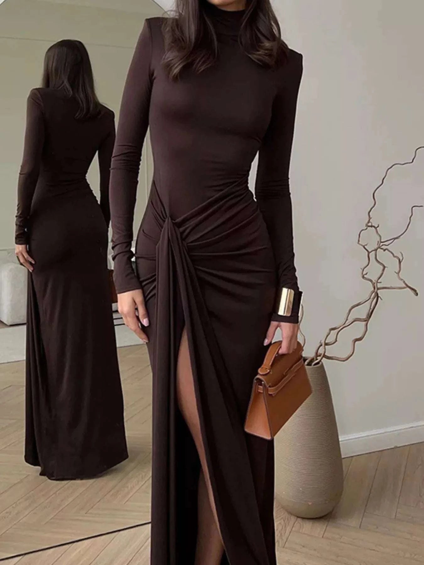 Turtleneck Long Sleeve Slit Maxi Dress WESTCLOSET