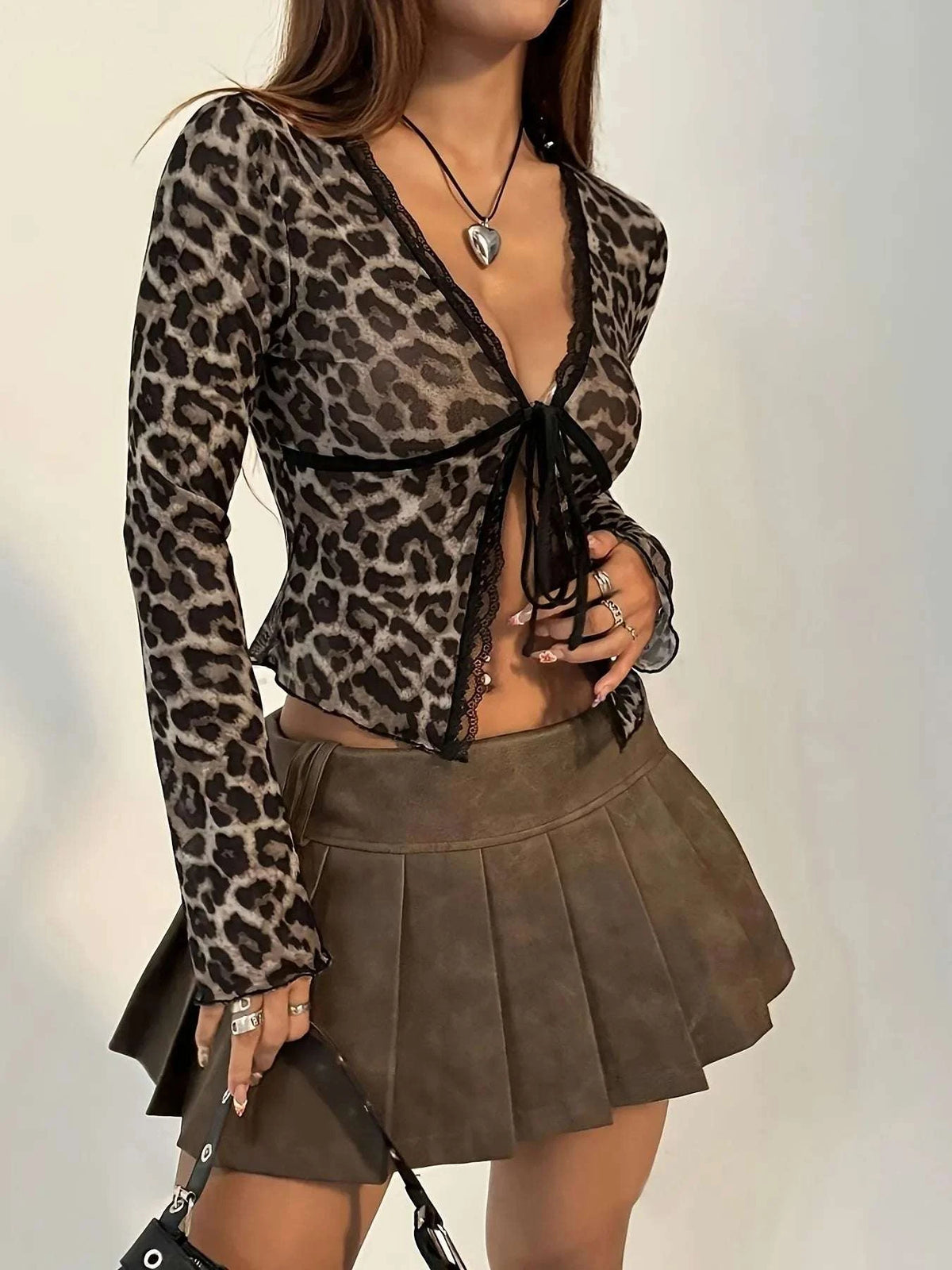 Leopard Print Long Sleeve Tie-Front Top WESTCLOSET