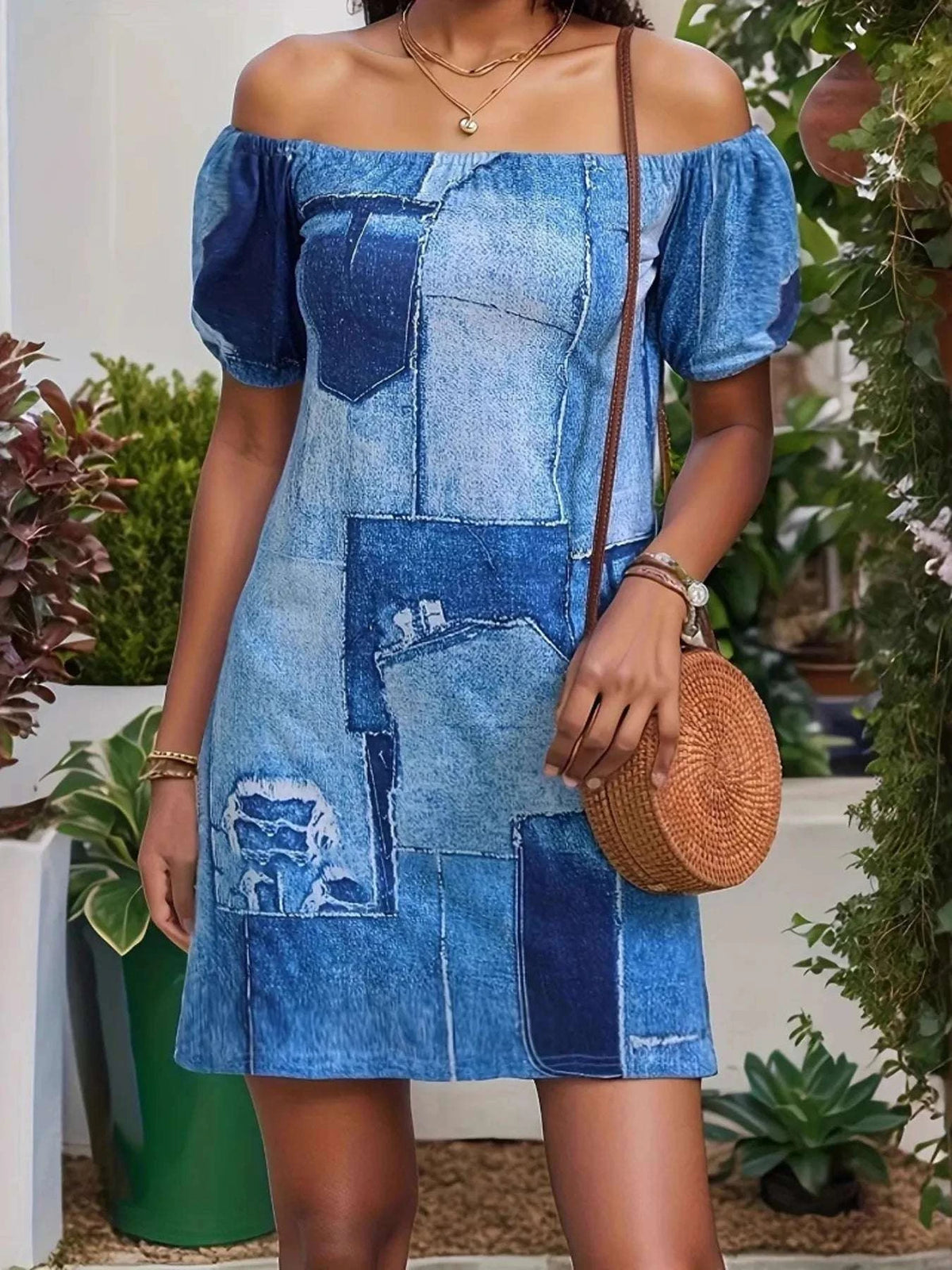 Patchwork Off Shoulder Denim Mini Dress WESTCLOSET