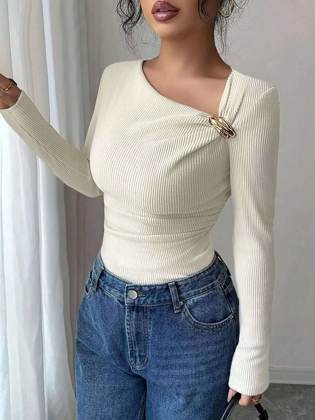 Ribbed Knit Asymmetrical Long Sleeve T-Shirt WESTCLOSET