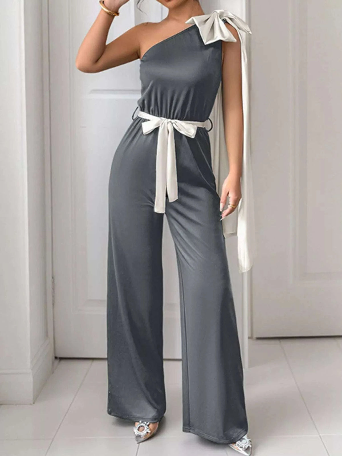 One-Shoulder Bowknot Wide Leg Jumpsuit WESTCLOSET