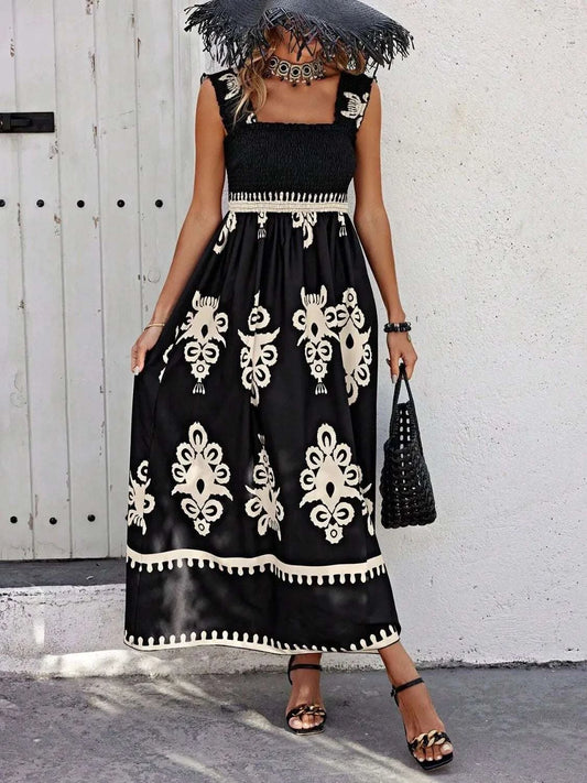 Smocked Printed Wide Strap Maxi Dress WESTCLOSET