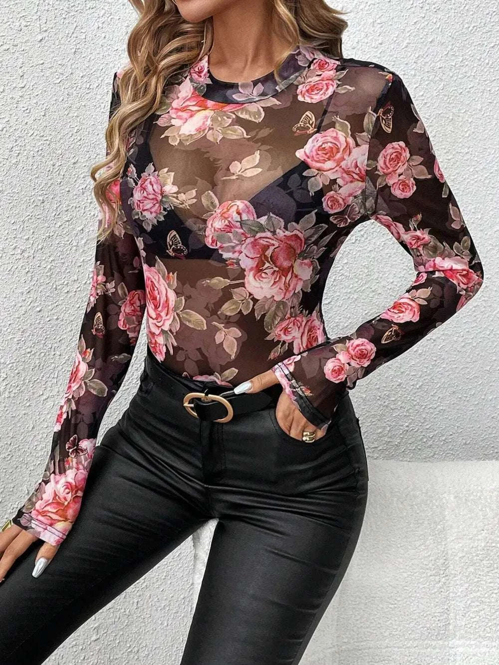 Mesh Floral Mock Neck Long Sleeve Top WESTCLOSET
