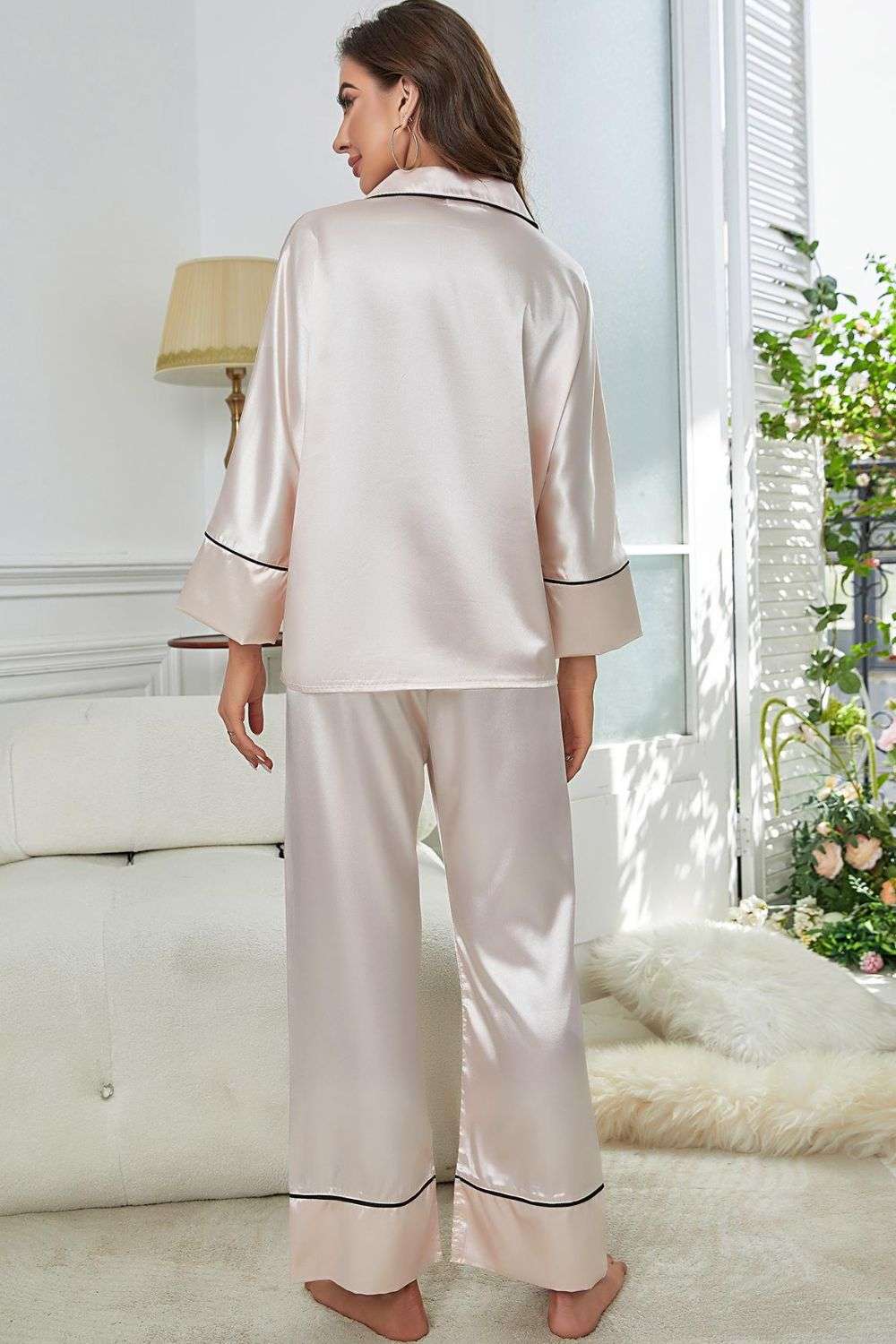 Contrast Piping Button-Up Top and Pants Pajama Set WESTCLOSET