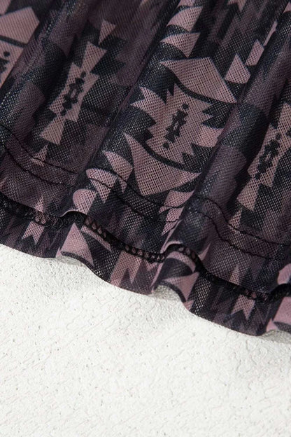 Aztec Print Mock Neck Short Sleeve Mesh T Shirt WESTCLOSET