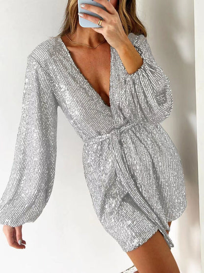 WestCloset Full Size Sequin Surplice Tie Waist Long Sleeve Romper 