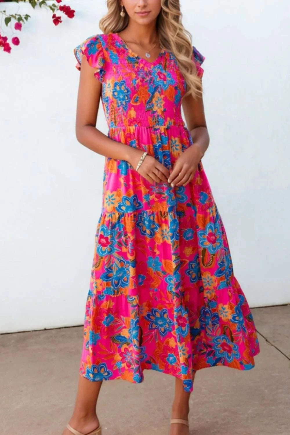 Boho Floral V Neck Ruffle Tiered Dress WESTCLOSET