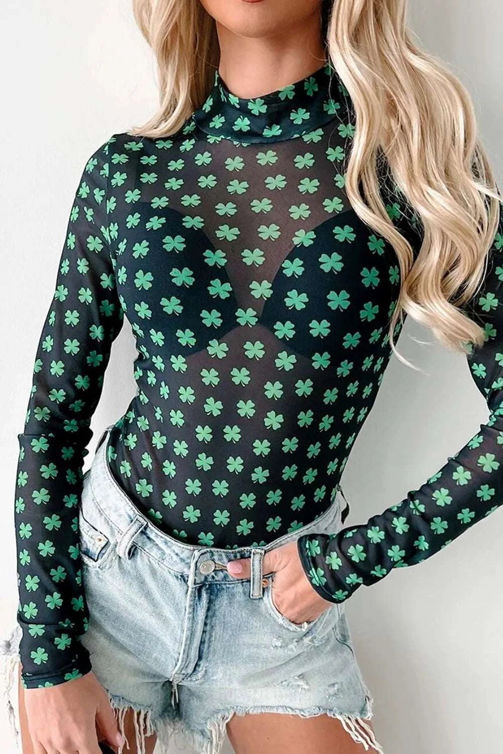 Lucky Clover Mock Neck Long Sleeve Bodysuit WESTCLOSET