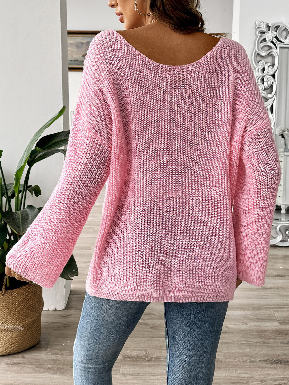 WestCloset Bow Boat Neck Long Sleeve Sweater 