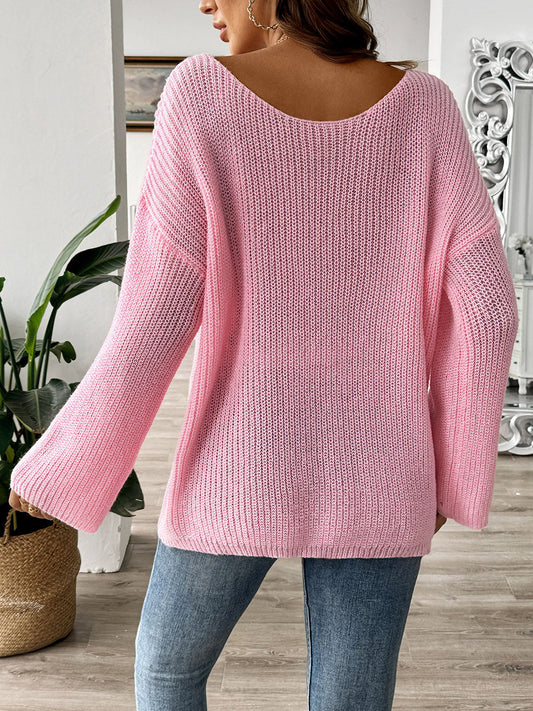 WestCloset Bow Boat Neck Long Sleeve Sweater 