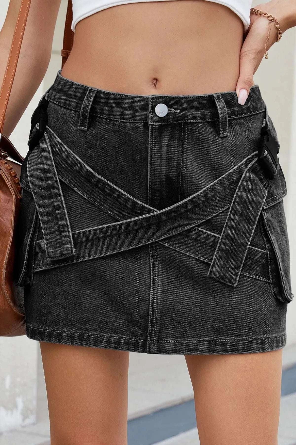 Criss-Cross Waist Detail Denim Mini Skirt WESTCLOSET