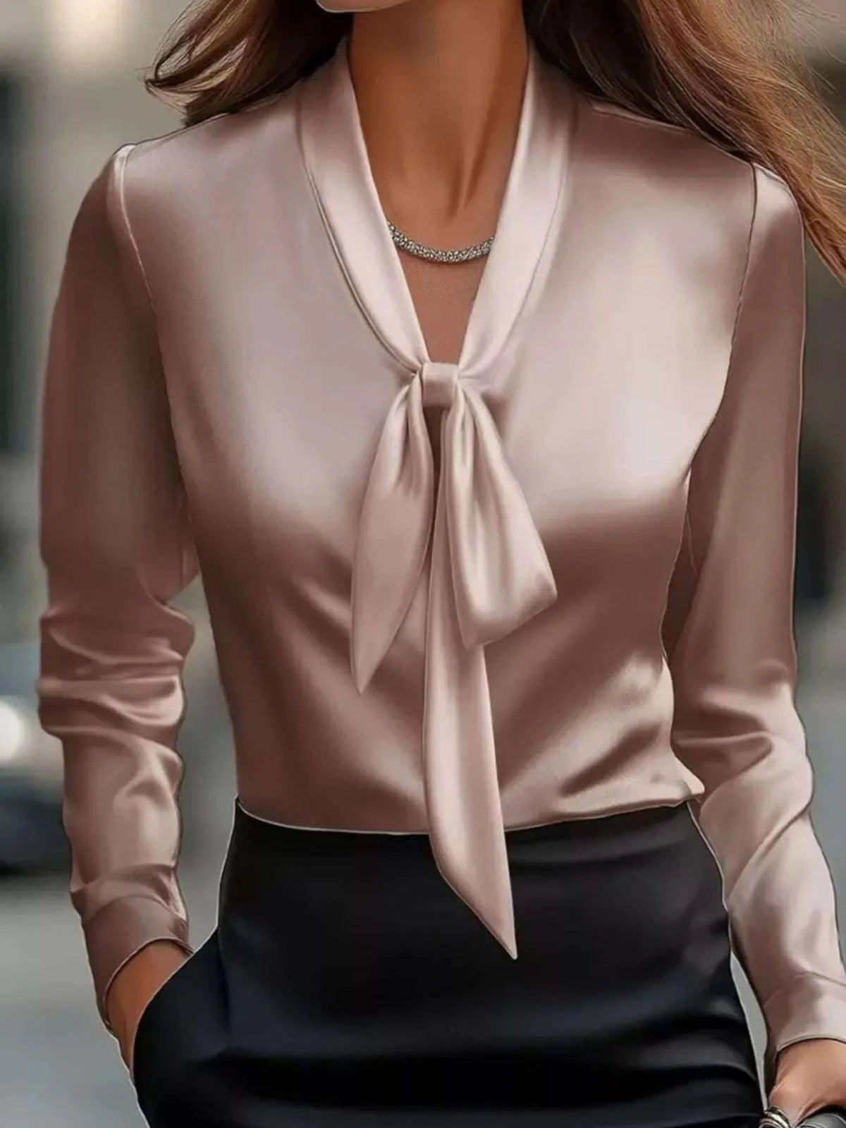 Satin Tie Front Long Sleeve Blouse WESTCLOSET