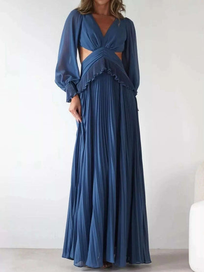 Backless Pleated Long Sleeve Maxi Dress WESTCLOSET