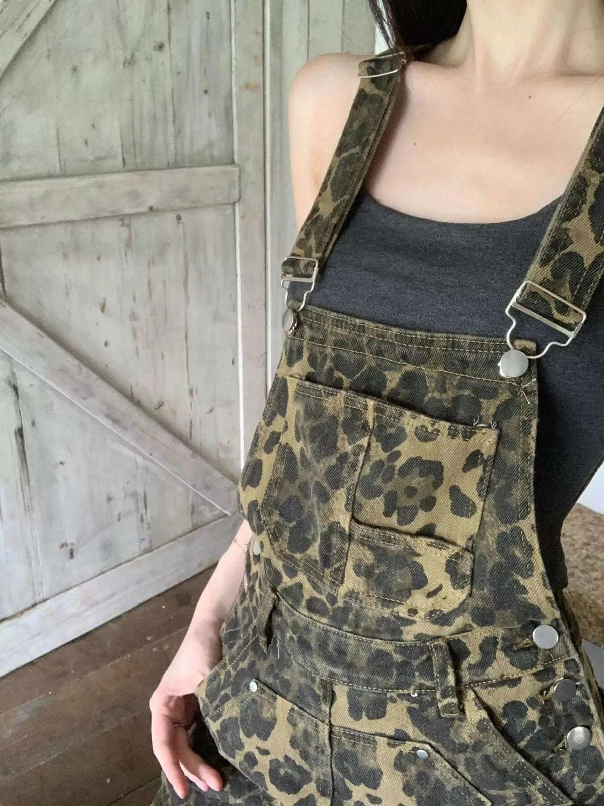 Leopard Print Denim Overall Dress WESTCLOSET