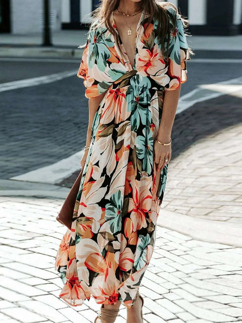 Floral Plunge Half Sleeve Dress WESTCLOSET