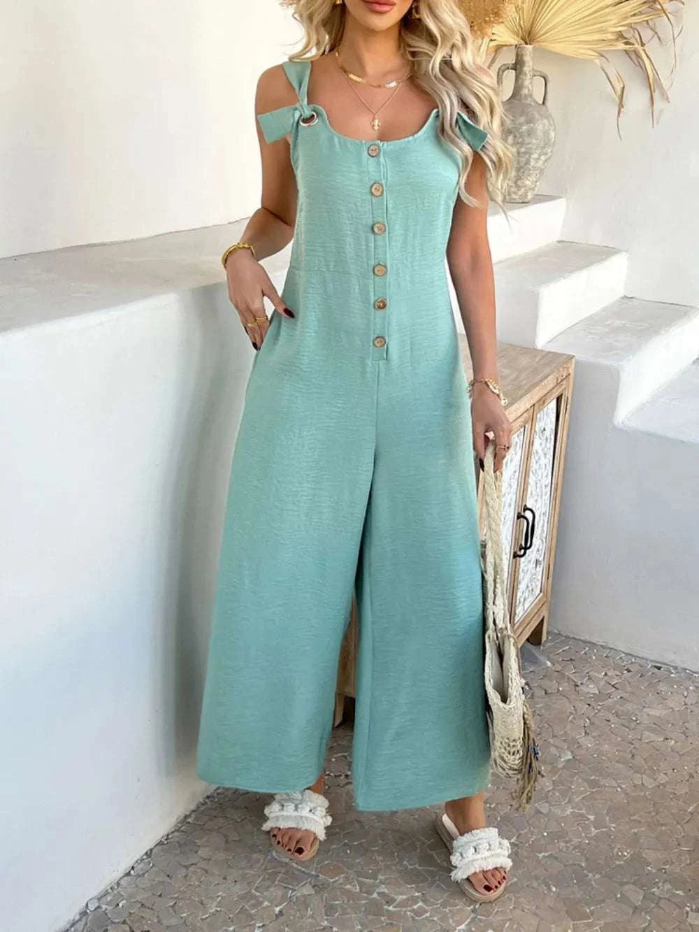 Devine Button Front Knotted Strap Wide Leg Jumpsuit WESTCLOSET