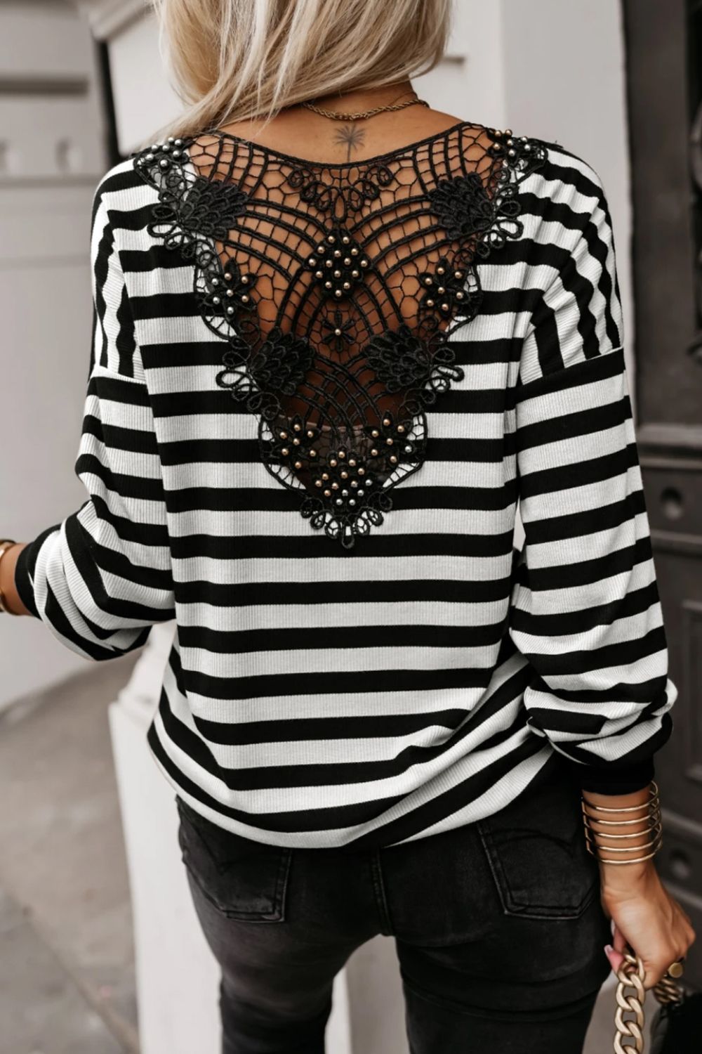 WestCloset Striped Lace Detail V Neck Top 