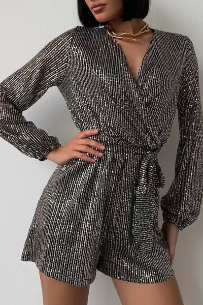WestCloset Full Size Sequin Surplice Tie Waist Long Sleeve Romper 