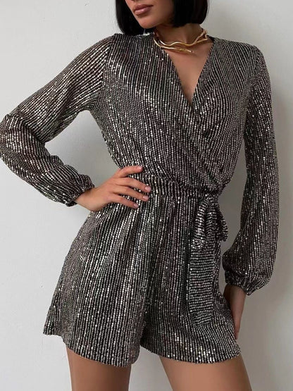 WestCloset Full Size Sequin Surplice Tie Waist Long Sleeve Romper 