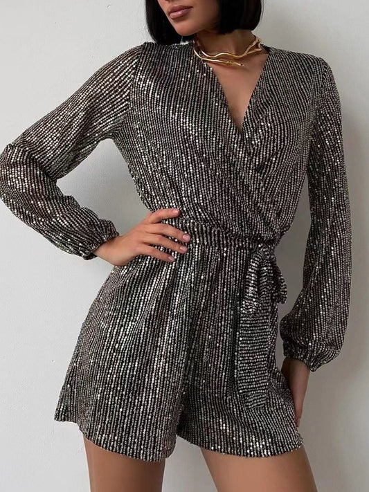 WestCloset Full Size Sequin Surplice Tie Waist Long Sleeve Romper 