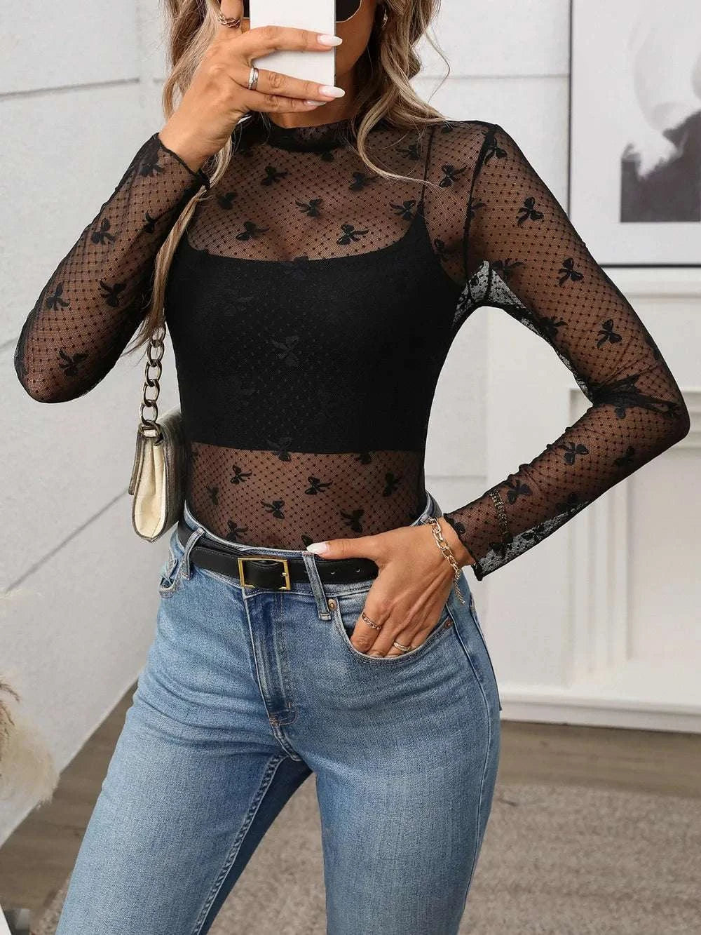 Floral Mock Neck Long Sleeve Mesh Top WESTCLOSET