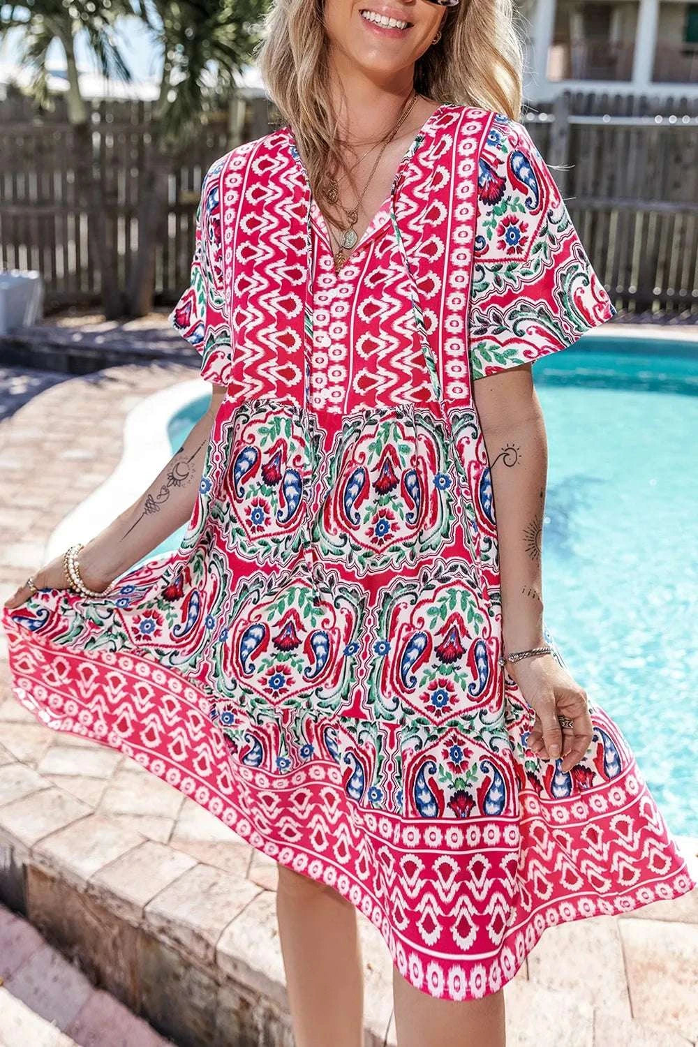 Printed Tie Neck Short Sleeve Dress WESTCLOSET