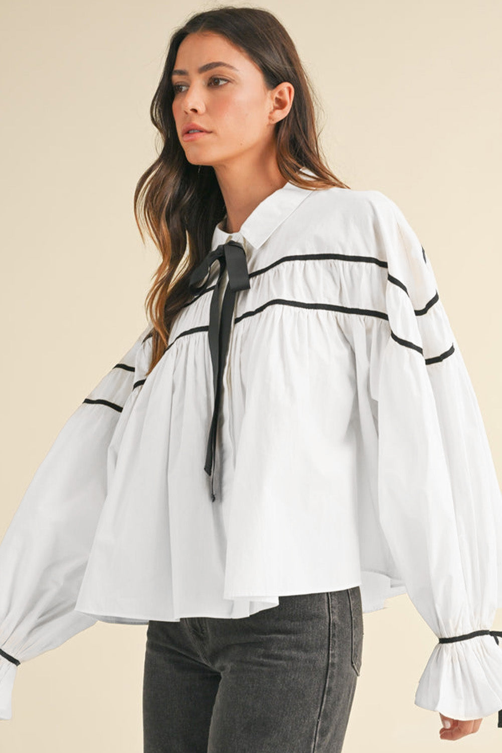 WestCloset Ribbon Bowtie Collared Neck Flounce Sleeve Shirt 
