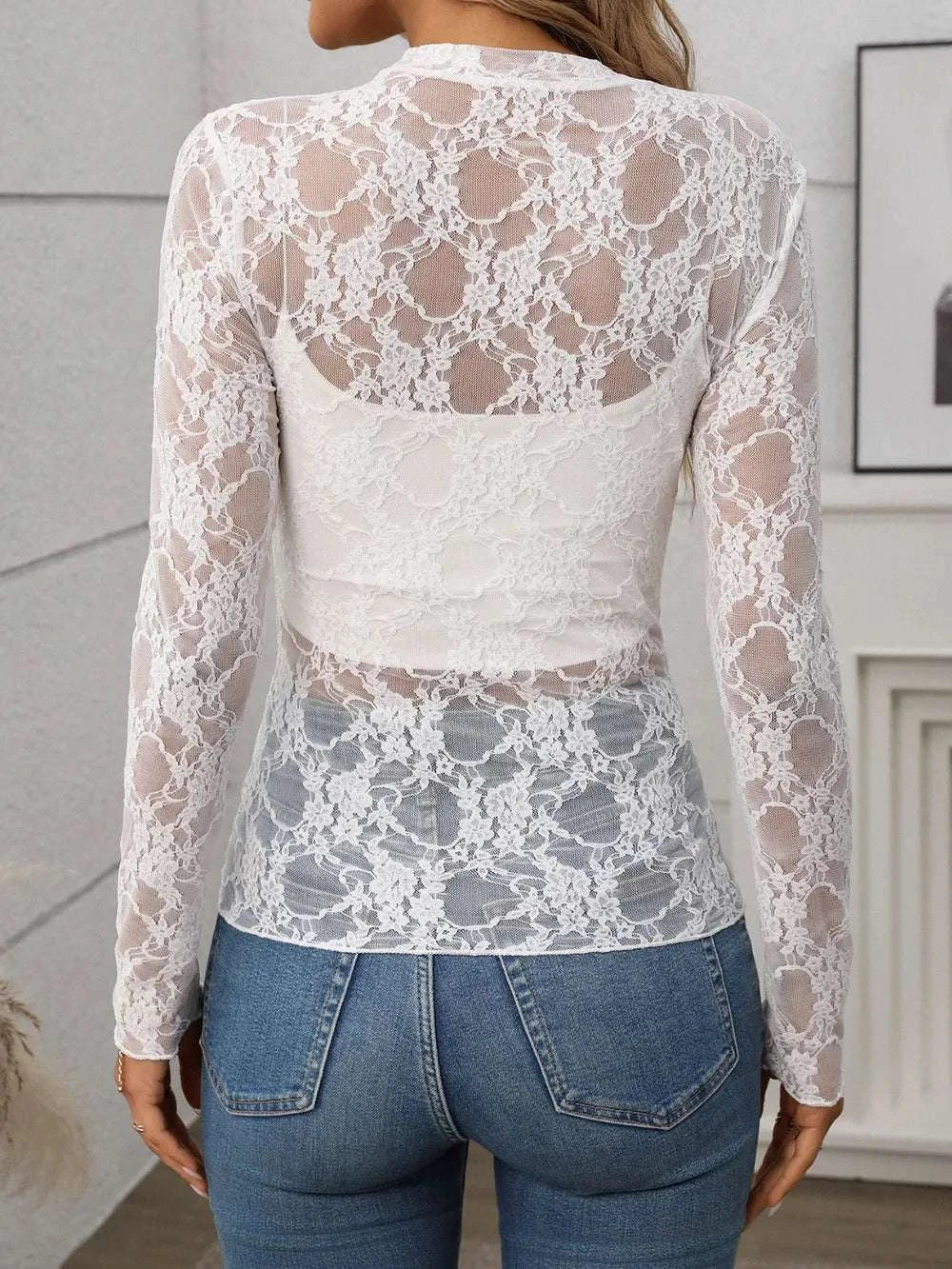 Floral Mock Neck Long Sleeve Mesh Top WESTCLOSET