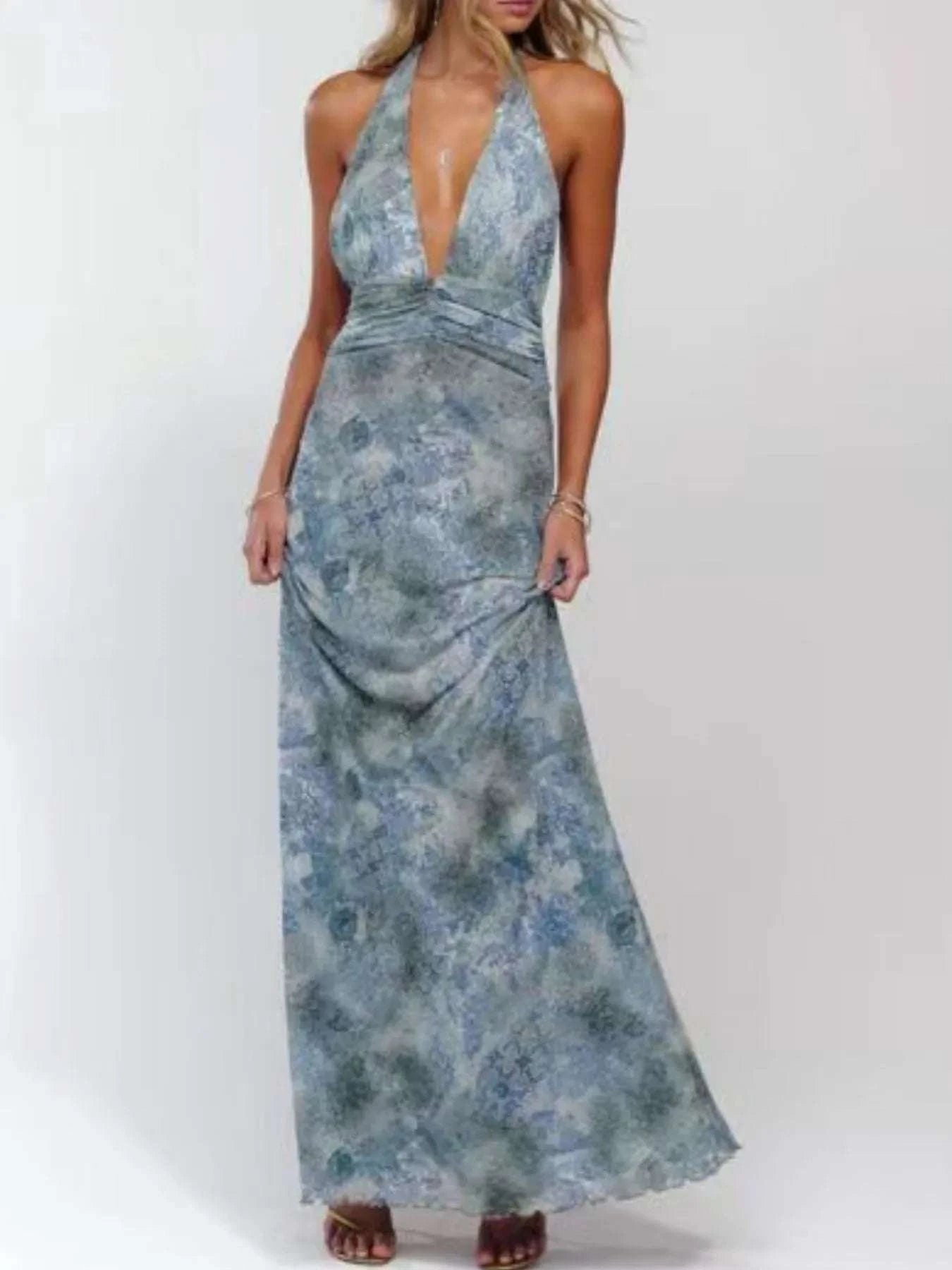 Floral Halter Neck Deep V Maxi Dress WESTCLOSET